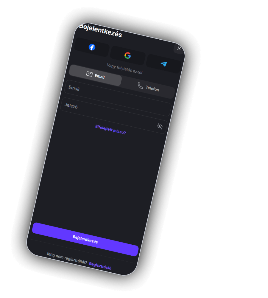 A Zeppelin Bejelentkezés ablaka mobilon Facebook, Google és Telegram gombbal, Vagy folytatás ezzel felirattal, Email és Telefon füllel, Email és Jelszó mezővel, áthúzott szem ikonnal, lila Elfelejtett jelszó linkkel, lila Bejelentkezés gombbal és alul a Még nem regisztráltál? Regisztráció sorral