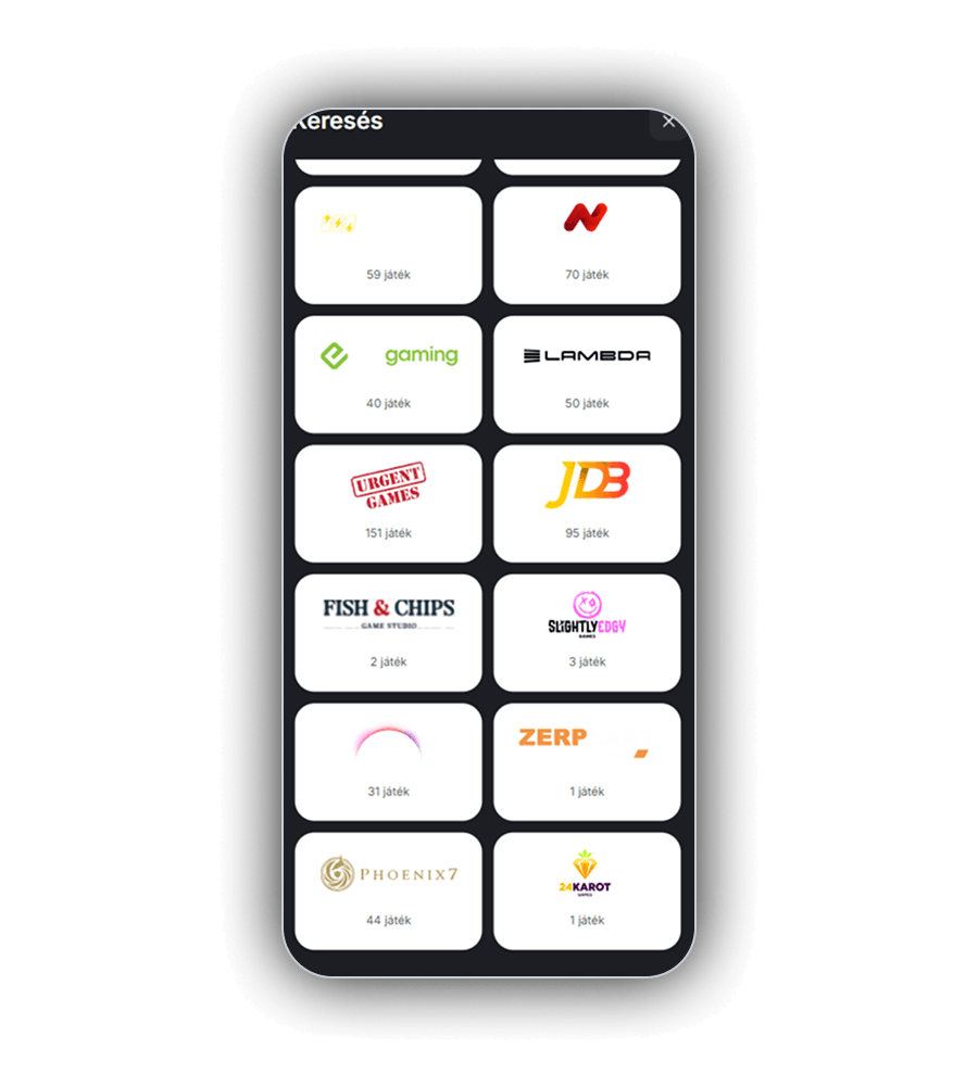 A Zeppelin Keresés nézete mobilon fehér szolgáltatói kártyákkal: egy logó 59 játékkal, egy piros N logó 70 játékkal, egy zöld gaming logó 40 játékkal, Lambda 50 játékkal, Urgent Games 151 játékkal, JDB 95 játékkal, Fish and Chips Game Studio 2 játékkal, Slightly Edgy Games 3 játékkal, egy rózsaszín ív logó 31 játékkal, Zerp 1 játékkal, Phoenix7 44 játékkal és 24Karot Games 1 játékkal