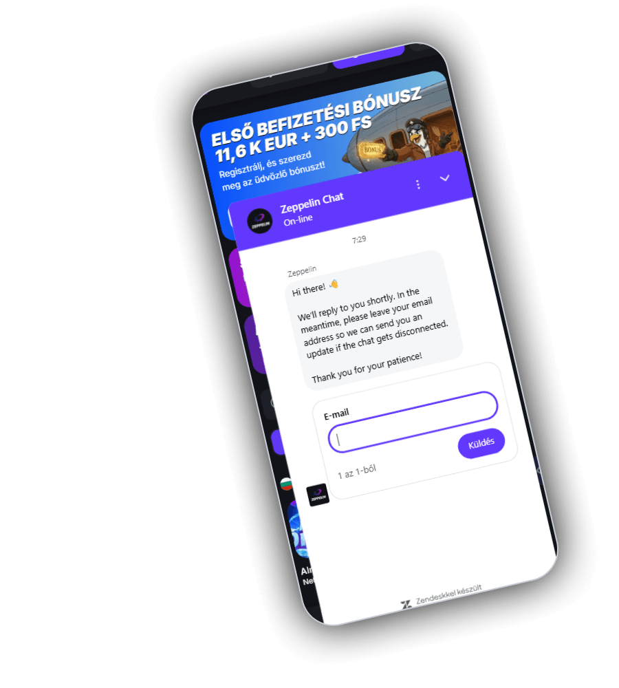 A Zeppelin Chat ablaka mobilon az előcsarnok bannere fölött: lila fejléc Zeppelin Chat és On-line felirattal, angol nyelvű üdvözlő üzenet, amely rövid várakozást kér és e-mail címet az elérhetőséghez, E-mail mező lila kerettel és Küldés gombbal, 1 az 1-ből jelzés, alul Zendeskkel készült felirat